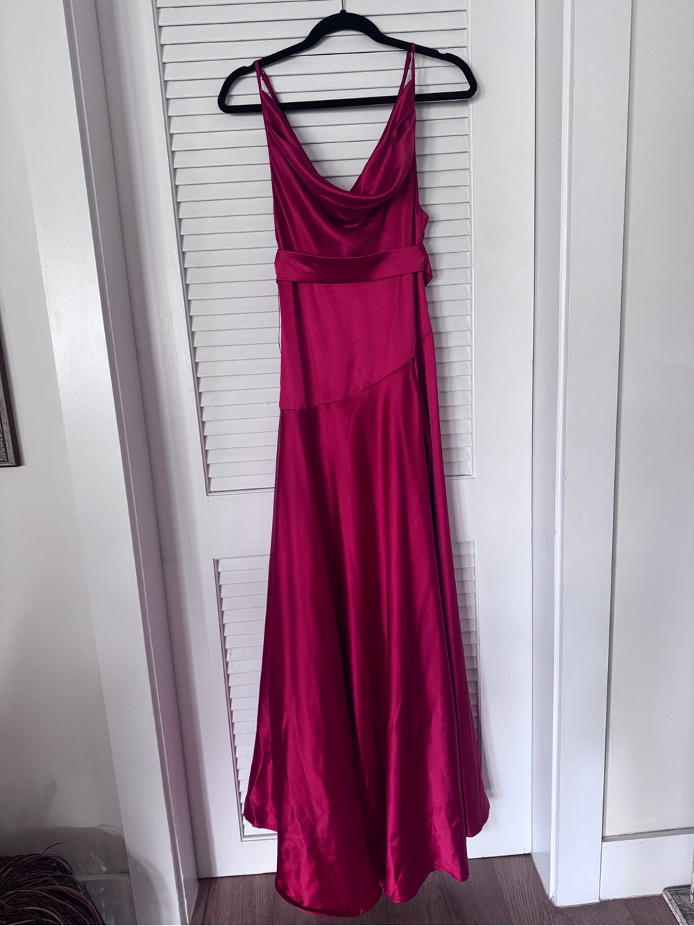 LUXXEL: Elegant Fuchsia Satin Cowl Neck Evening Dress